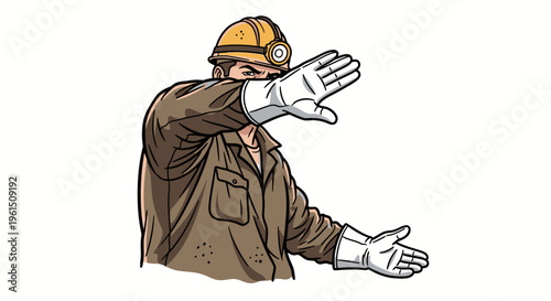 Man wearing a hard hat gesturing.