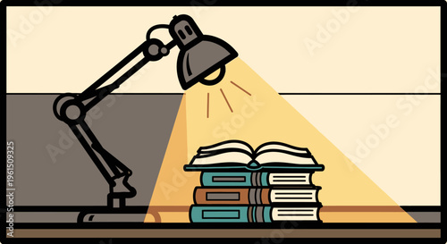 Stack of books under desk lamp.