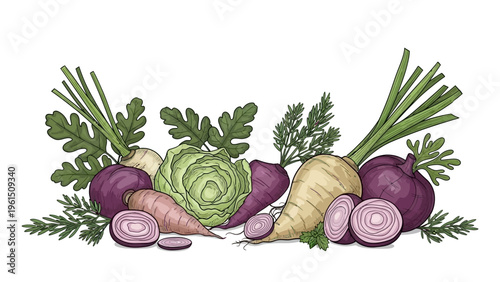 Fresh Root Vegetables with Green Leaves.