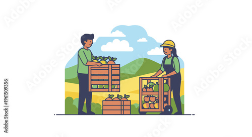 Two men handling wooden crates.