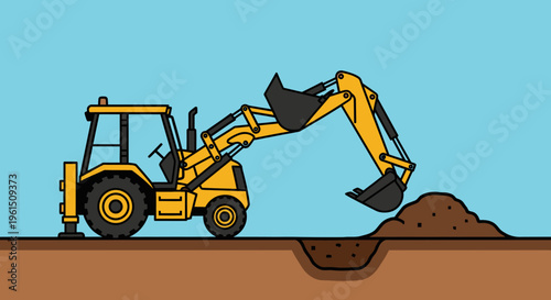 Yellow Backhoe Loader Digs Earth.