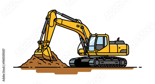 Yellow excavator digging into dirt pile.