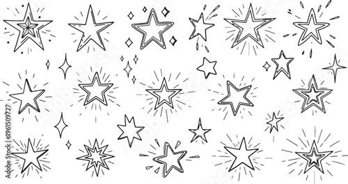 A collection of black outline hand-drawn stars featuring various sketchy styles, including sparkling stars, twinkling celestial elements, and hand-shaded astronomical shapes on plain white background.