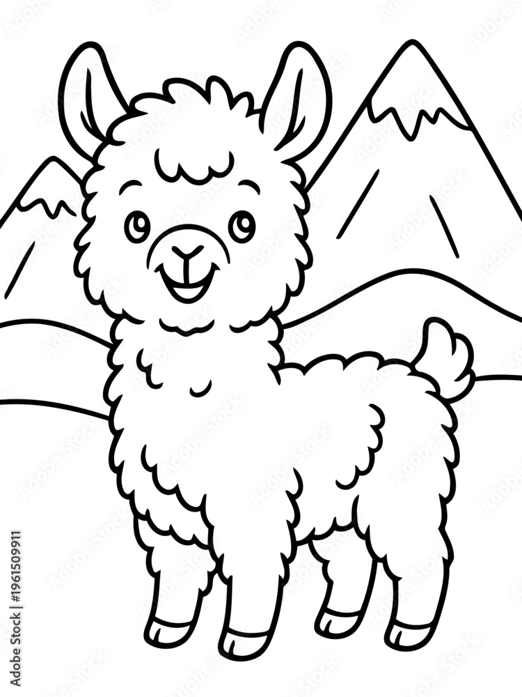 Naklejka premium Smiling Alpaca Amidst Mountains: An adorable alpaca with a cheerful expression stands before majestic mountain peaks, showcasing the serenity of the highlands.