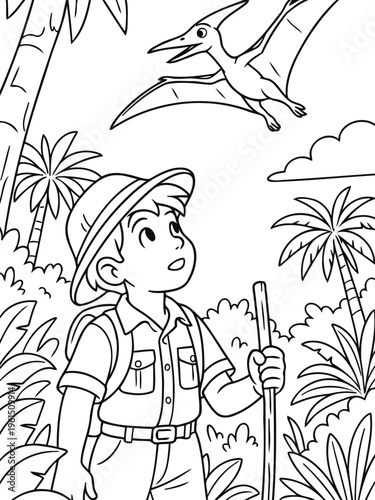 Curious Explorer in Prehistoric Scene: A young explorer gazes upwards with wide-eyed wonder, captivated by a soaring prehistoric pterosaur. Surrounded by lush jungle vegetation.