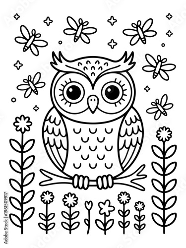 Cute Owl with Butterfly: A whimsical illustration of an owl perched on a branch, surrounded by butterflies and floral elements, inviting creativity and imagination.