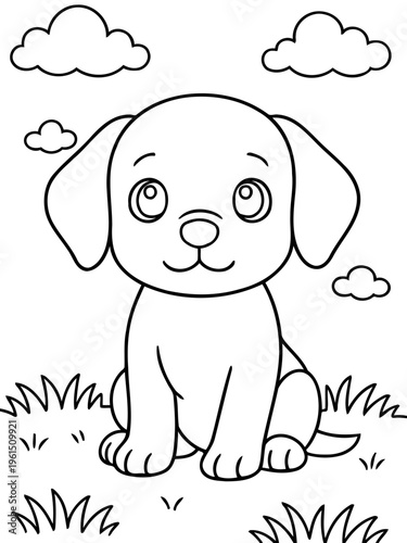 Playful Puppy: An adorable puppy gazes upwards with wide, innocent eyes, set against a simple backdrop of fluffy clouds and tufts of grass.