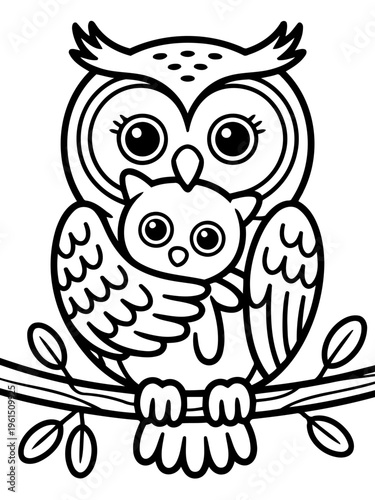 Mother Owl and Owlet on a Branch: A heartwarming illustration of a mother owl tenderly cradling her owlet, perched serenely upon a branch, a symbol of parental love and familial affection.