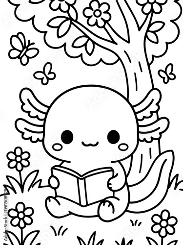 Enchanting Axolotl Reader: An adorable axolotl is engrossed in a book beneath a tree, surrounded by flowers and butterflies, in a captivating illustration, inspiring creativity and wonder.
