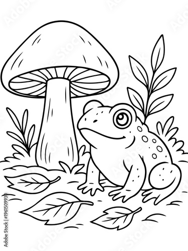 The Curious Frog's Garden Encounter: A charming illustration depicts a curious frog poised amidst leaves and a mushroom, exuding a sense of wonder and enchantment.