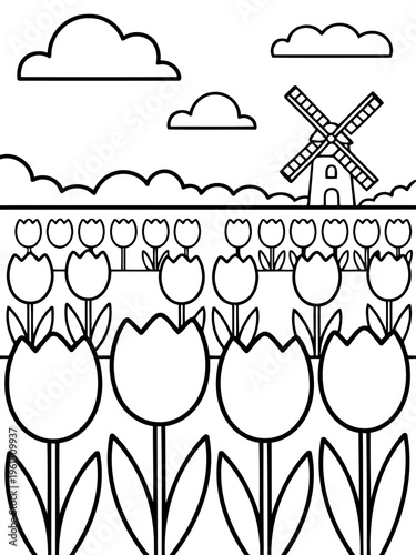 Tulip Field Illustration: An illustrative landscape presents a serene view of a tulip field in full bloom under a sky dotted with fluffy clouds and a traditional windmill