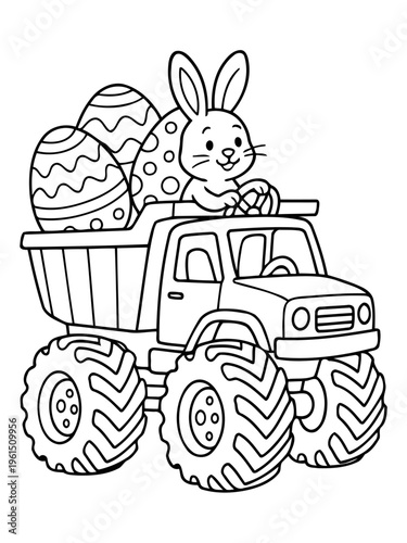 Easter Bunny's Egg Delivery: An adorable Easter bunny cheerfully steers a monster truck laden with vibrantly decorated eggs, spreading joy and anticipation of the spring holiday.