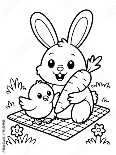 Cartoon Easter Illustration: A heartwarming illustration of a cute rabbit and a little chick sharing a picnic, painted with a black outline, a carrot, a blanket, and a cheerful atmosphere.