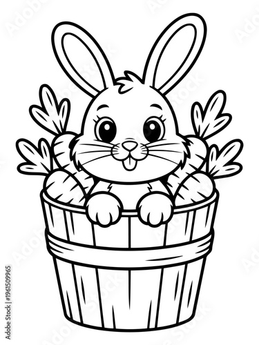 Bunny and Carrots: An adorable cartoon bunny peeps out of a wooden basket filled with fresh carrots.