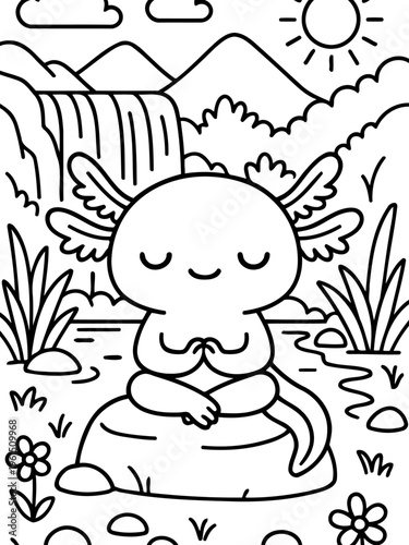 Meditative Axolotl in Nature's Embrace: A serene axolotl meditates peacefully amidst a scenic backdrop of mountains, waterfalls, and lush greenery, embodying tranquility and inner peace.