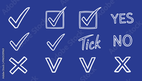 A set of minimalist white tick marks and cross icons on a solid blue background, featuring various checkmark styles, "YES" and "NO" text, and checkbox elements for interface design and task management