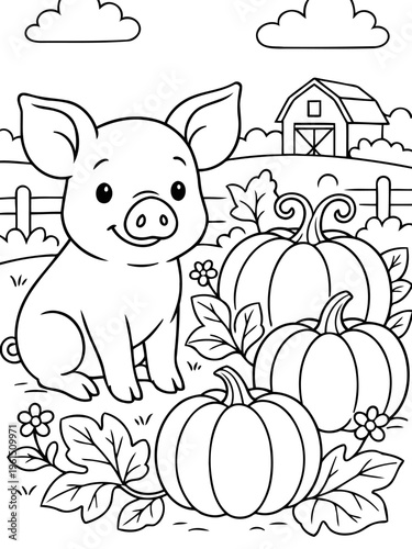 Farm Pig with Pumpkin Patch: A cheerful pig sits in a vibrant pumpkin patch on a sunny farm day. The scene exudes the simple joys of rural life. 