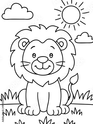 Cartoon Lion's Daydream: A charming cartoon lion basking under the warm sun on a vibrant day, ideal for coloring and evoking joy.