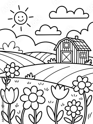Cheerful Farmhouse Illustration: A charming farmhouse sits amidst rolling hills, surrounded by a field of blooming flowers and a smiling sun in a playful, uplifting scene.