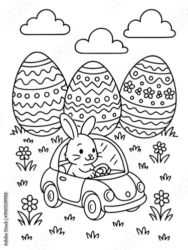 Easter Bunny's Journey: A charming depiction of the Easter Bunny on a joyful spring day, driving a whimsical car past colorful decorated eggs, capturing the essence of the festive season.