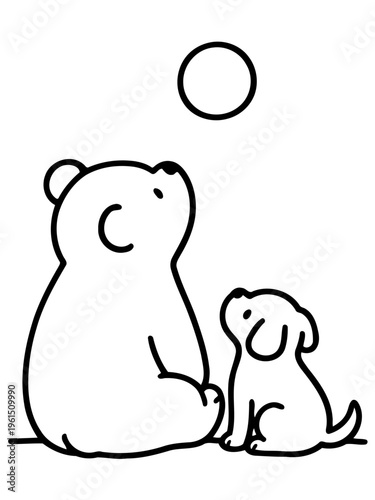 Cosmic Companions: A heartwarming monochrome illustration depicts a bear and a dog gazing at the moon, symbolizing friendship and shared wonder. 