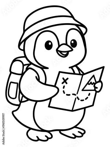 Penguin's Adventure: A charming penguin, with a map in hand, sets off on a thrilling adventure, complete with a backpack and a cheerful expression, ready to discover new destinations.