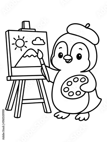 Penguin Artist at Work: A charming penguin artist meticulously paints a scenic landscape on a canvas, holding a brush and palette in a creative studio, illustrating dedication to the art.