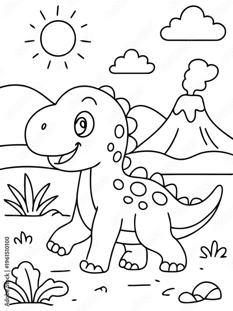 Obraz premium Cheerful Dinosaur in a Prehistoric Scene: A smiling, friendly dinosaur, a relic of a lost age, playfully struts across a cartoon landscape, with mountains, volcano, sun and clouds in the backdrop.
