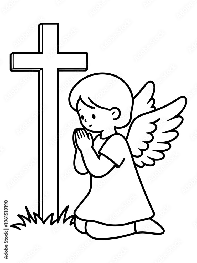 Obraz premium Angel's Reverence: An angelic figure kneels in prayer before a cross, radiating serenity and devotion in a scene of spiritual contemplation.