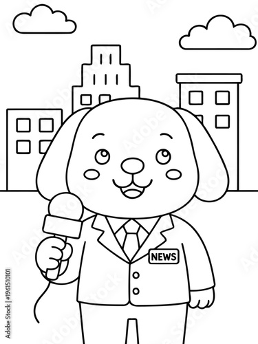 Canine Newscaster: An illustrated cartoon featuring a charming dog, dressed as a news anchor, holding a microphone in front of a city backdrop. This image embodies communication and news.