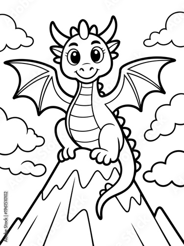 Dragon atop a Mountain: A cute dragon perches atop a mountain peak, wings outstretched and gazing towards the sky, against a backdrop of fluffy clouds.