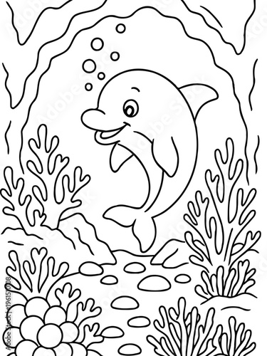 Dolphin's Underwater Adventure: An outlined illustration presents a cheerful dolphin gracefully navigating its aquatic domain, surrounded by sea plants and effervescent bubbles. 