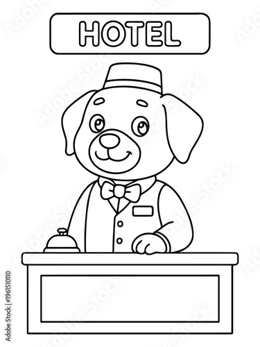 Dog Hotel Receptionist: Charming illustration of a dog, dressed as a hotel receptionist, ready to welcome guests with a smile. It is a perfect addition for those who need a cartoon style graphic.