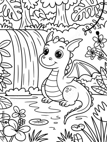 Cute Dragon by Waterfall: A whimsical illustration depicts an adorable dragon sitting happily in a lush environment, the gentle flow of a waterfall in the backdrop.
