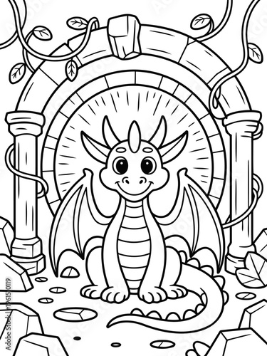 Whimsical Dragon: A cute, smiling dragon with large, expressive eyes sits centered, showcasing details of its scales, wings, and unique features, all set against a detailed archway background.