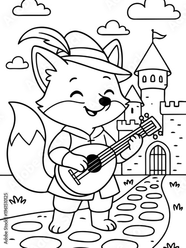 Fox Musician's Melody: A charming fox, garbed in medieval attire, strums a lute with glee, serenading against the backdrop of an enchanted castle.