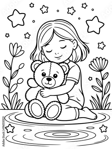 Childhood Embrace: An illustration portraying a tender moment as a child lovingly cuddles a teddy bear, surrounded by whimsical stars and flowers. 