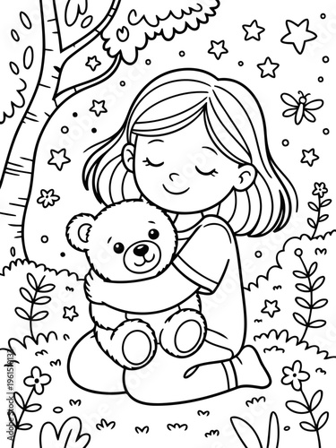 Warm Embrace: A young girl, lost in a moment of tranquility, cradles a cuddly teddy bear, her eyes closed in a serene embrace of love, amidst a serene outdoor scene.