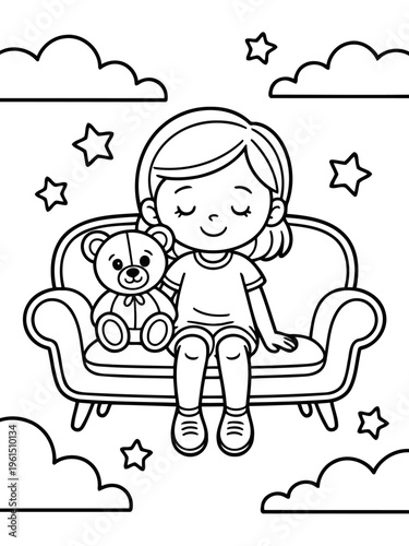 Dreamy Delight: An illustration showing a child comfortably seated on a sofa with closed eyes, clutching a teddy bear, surrounded by stars and clouds. 