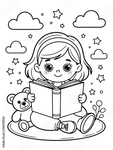 Reading Time: A charming illustration depicts a young girl engrossed in a book, accompanied by a cuddly teddy bear and surrounded by celestial elements, evoking a sense of wonder and imagination. 