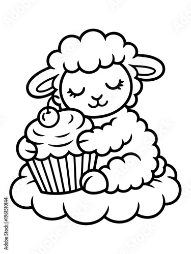 Lamb's Sweet Dream: A serene lamb, nestled on a cloud, clutches a delightful cupcake adorned with a cherry, embodies innocent delight.