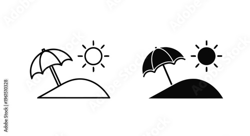 Vector illustration of beach umbrella and sun icon set, summer vacation symbol