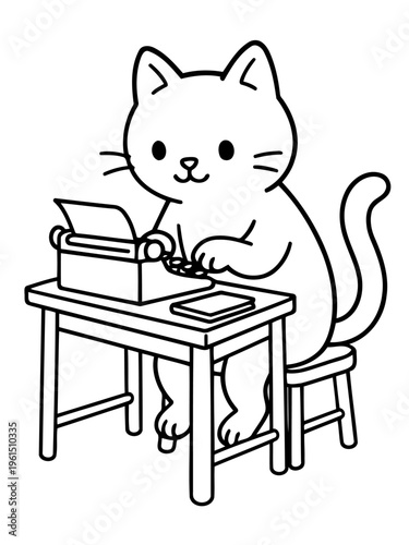 Literary Cat's Creative Quest: A charming illustration depicts a cat diligently typing away on a vintage typewriter, lost in the pursuit of crafting a literary masterpiece. 