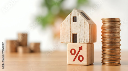 Real estate investment growth, mortgage rates rising, housing market concept with wooden house and coins