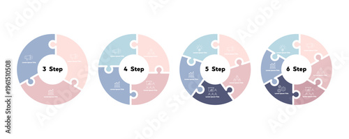 Vector circle arrows infographics set. 3, 4, 5, 6 options, parts, steps. Template for cycle diagram, graph, puzzle presentation and round chart. Business concept with data processes. vector eps