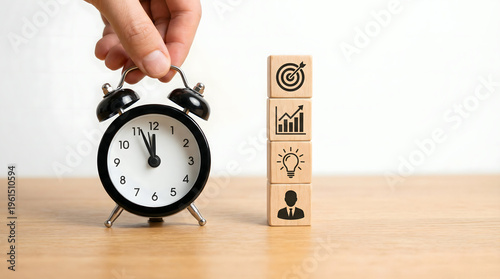 Wallpaper Mural Hand holding alarm clock, business goal blocks, time management concept Torontodigital.ca