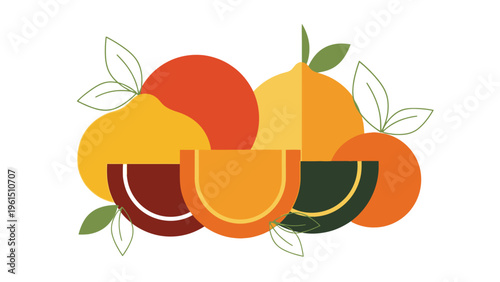 Colorful Citrus Fruits with Leaves Illustration.