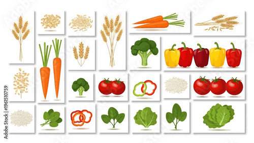 Assorted Vegetables and Grains in Grid.