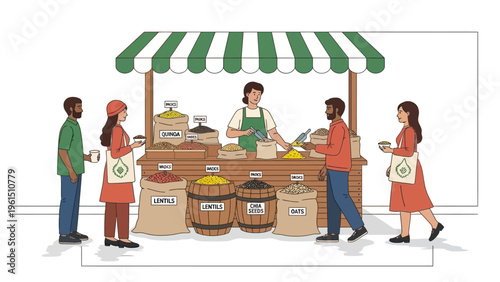 Street Food Vendor Serving Customers at Stall.