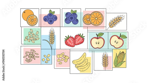 Assorted Fruits and Grains in Squares.